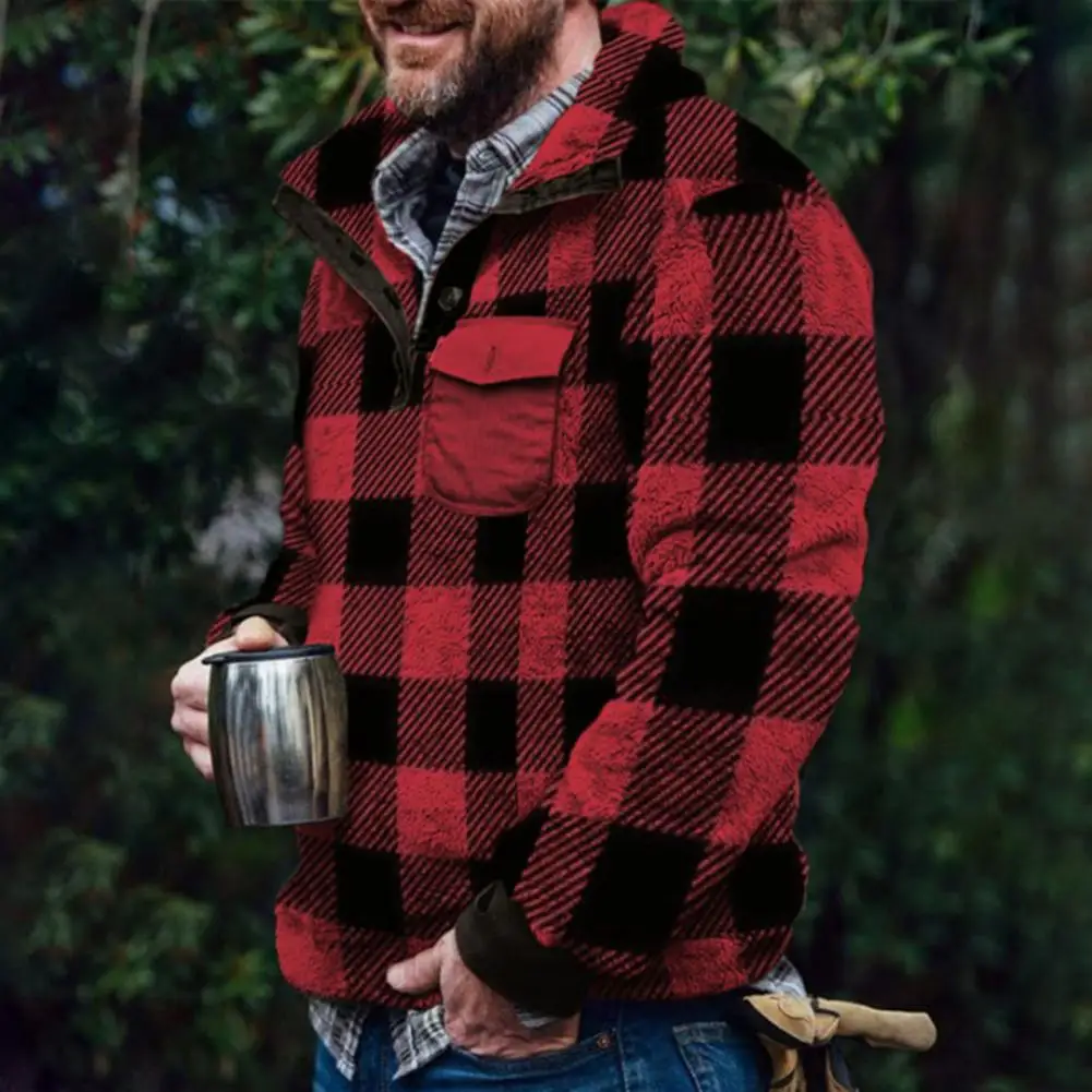 Men Winter Autumn Sweatshirt Fluffy Fleece Autumn Sweatshirt Oversized Plaid Thicken Sweater Quick Dry Buttons Winter Pullover