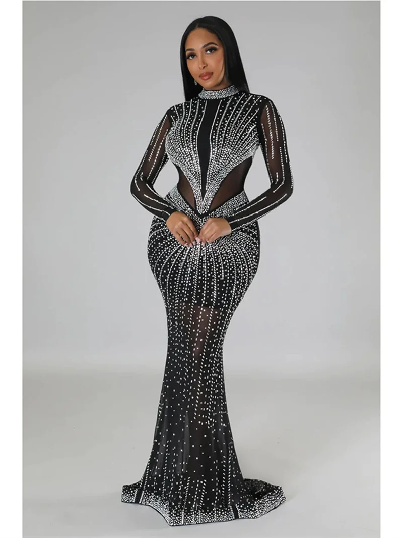 

Diamonds Hot Rhinestones Mesh See Through Dresses for Women Fall Clothing Bodycon Maxi Long Dress Party Club Sexy Dress Vestidos
