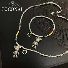

Coconal Women Silver Color Necklace Bracelet Jewelry Trend Simple String of Beads Design Bear Zircon Pendant Party Jewelry Gift