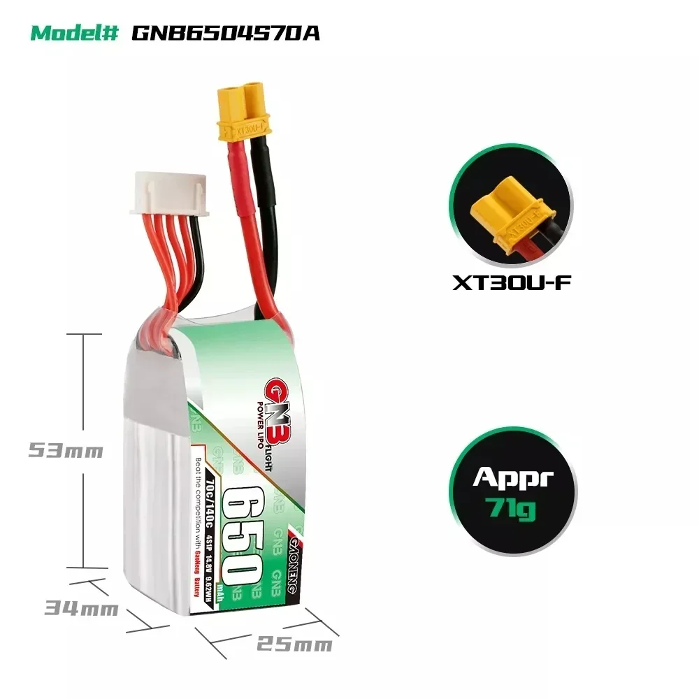 Batterie LiPo 650mAh 70C 2S-6S pour Drone FPV avec étiquette indiquant les spécifications techniques.