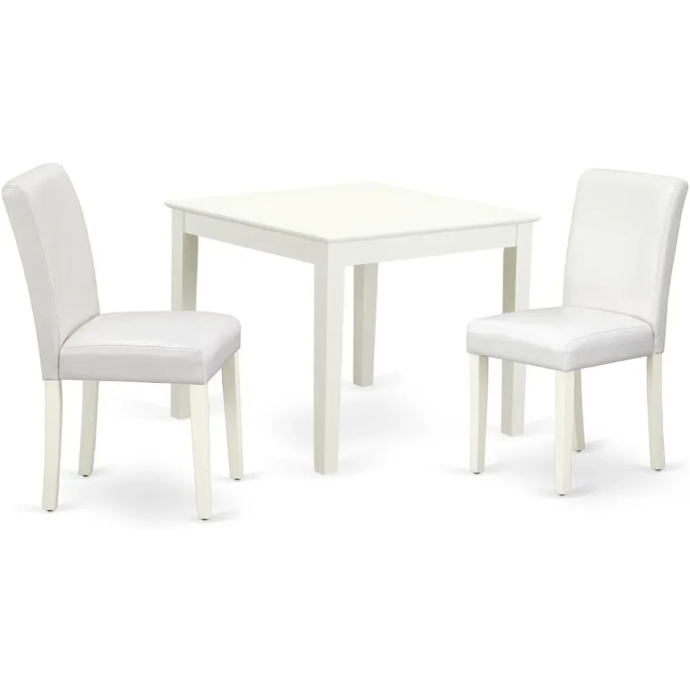 

3 Piece Dining Table Set for Small Spaces Contains a Square Dining Room Table and 2 White Faux Leather Upholstered Parson Chairs