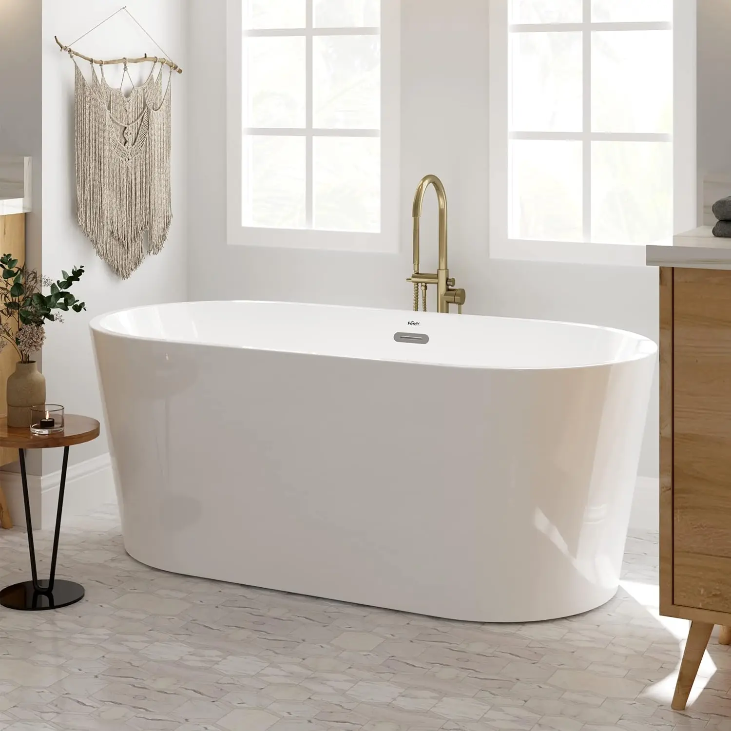 59 inch Acrylic Freestanding Bathtub Classic Oval Shape Acrylic freestanding tub Modern White Chrome Drain and Classic Slotted