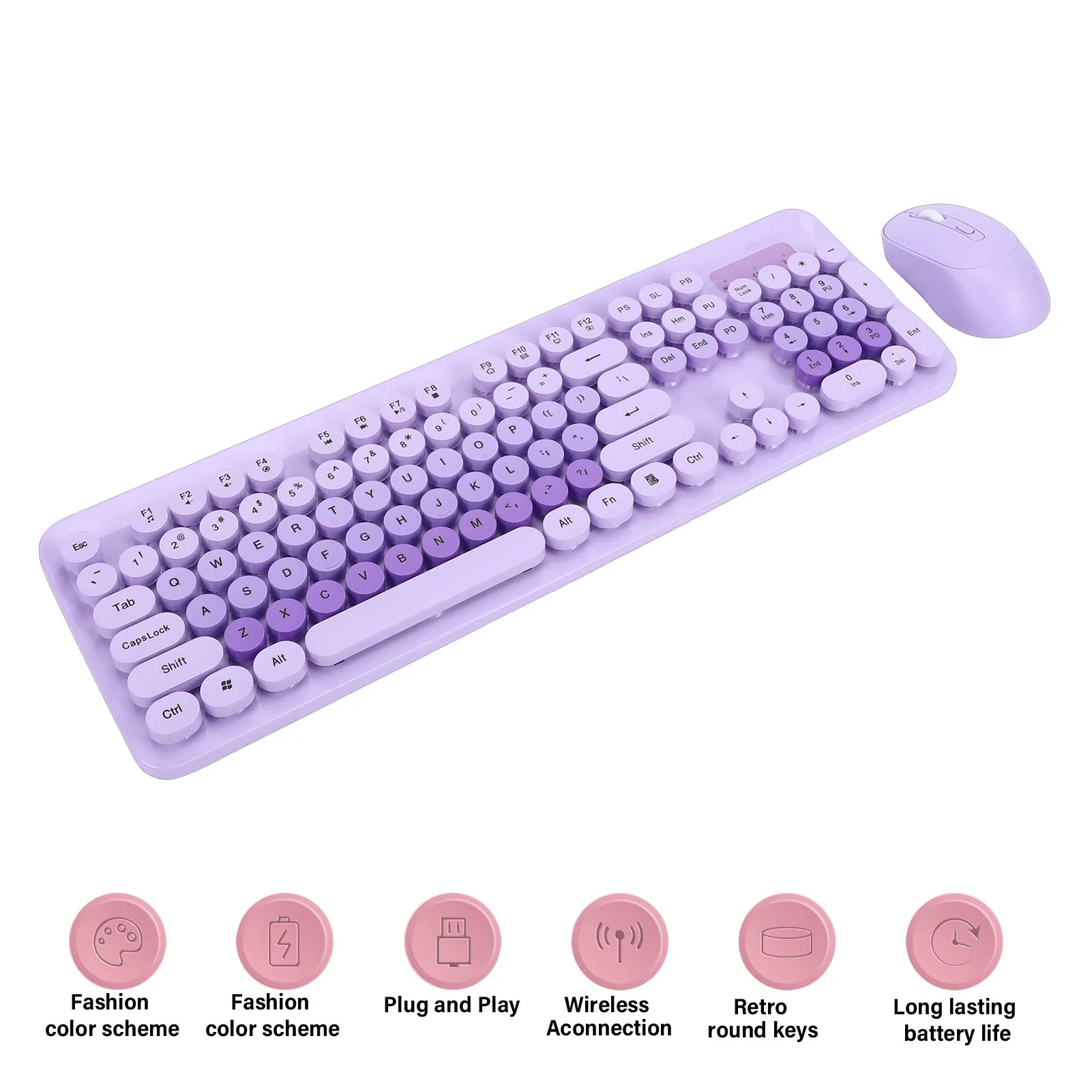 Wireless Keyboard Wireless Cute Keyboard and Mouse 104 Keys Typewriter  Retro Round Keycaps Keyboard for PC Laptop Desktop - 6