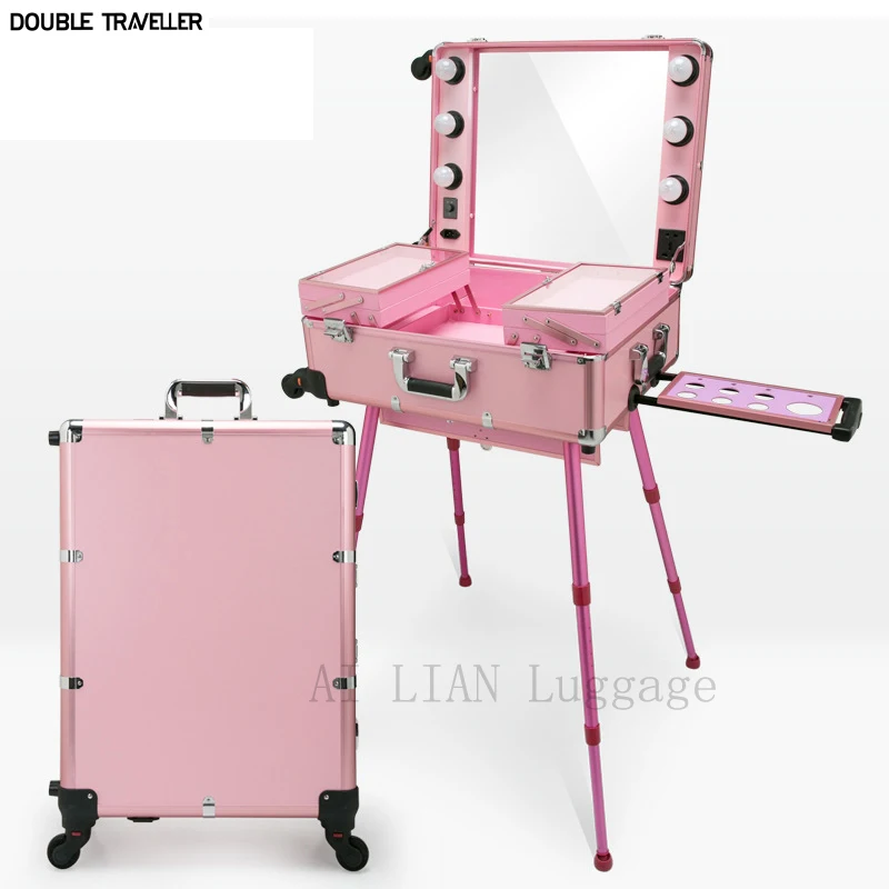 Professional Rolling Cosmetic Case Beauty Makeup Trolley suitcase LED Light Mirror Box Pink Luggage Aluminum frame Folding table travel luggage