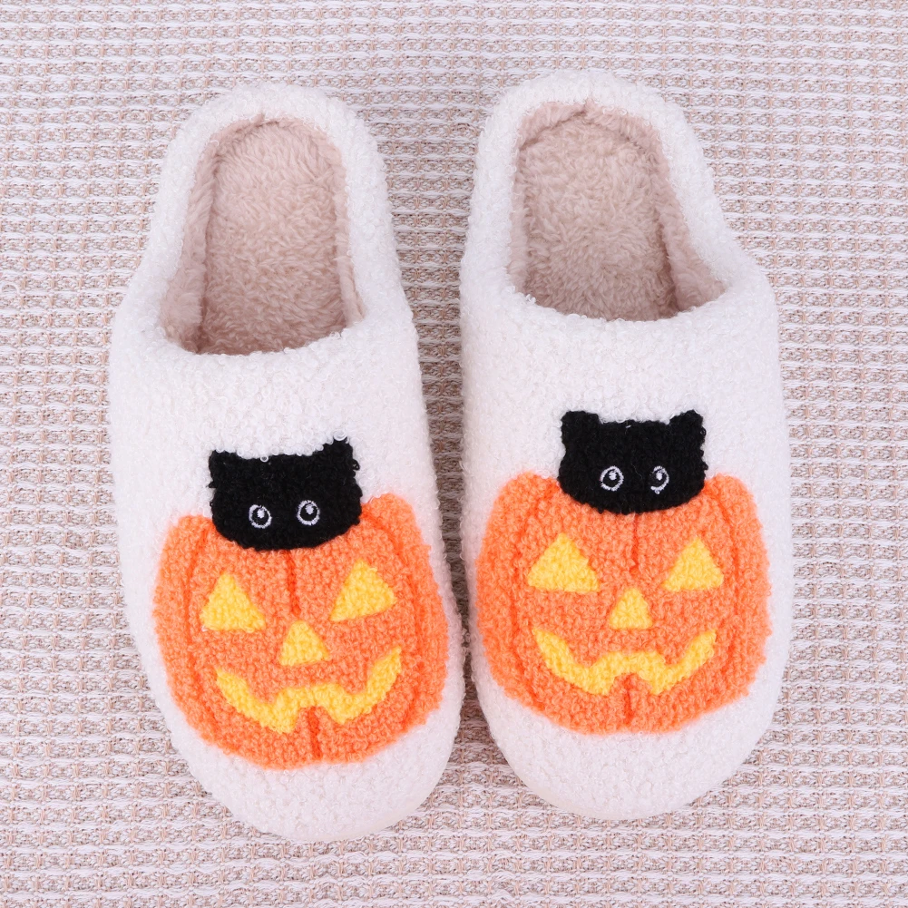 Plush Furry Slippers Pumpkin Cat Pattern Anti Slip