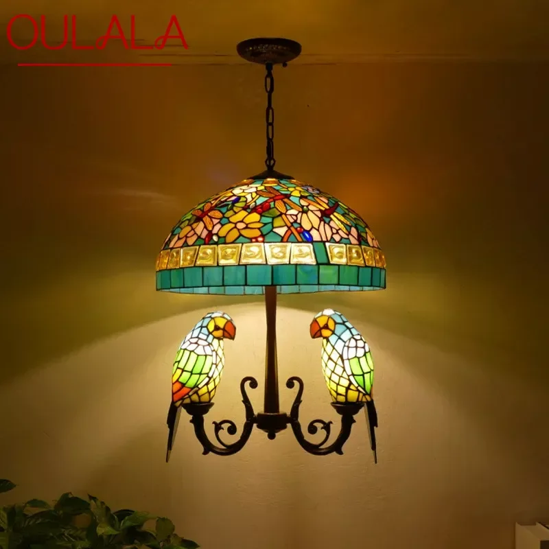 

OULALA Tiffany Parrot Chandelier Vintage Creative Color Glass Living Room restaurant Bedroom Hotel Corridor Pendant Lamp