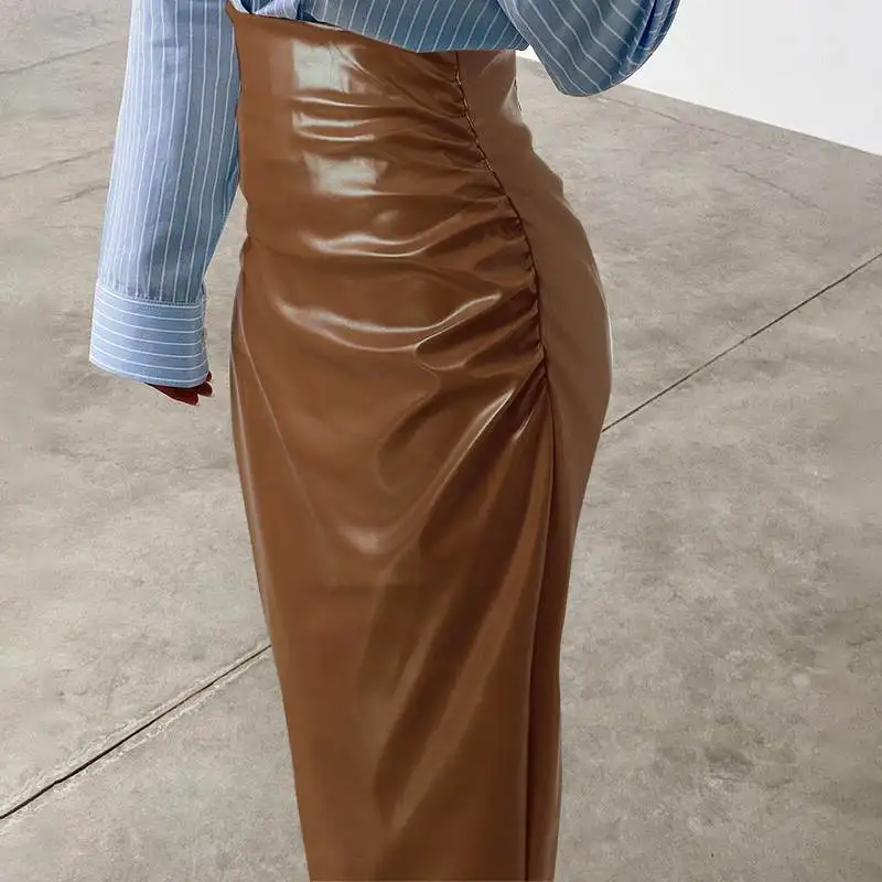 Women PU Leather High Waist Midi Skirts Fashion Long