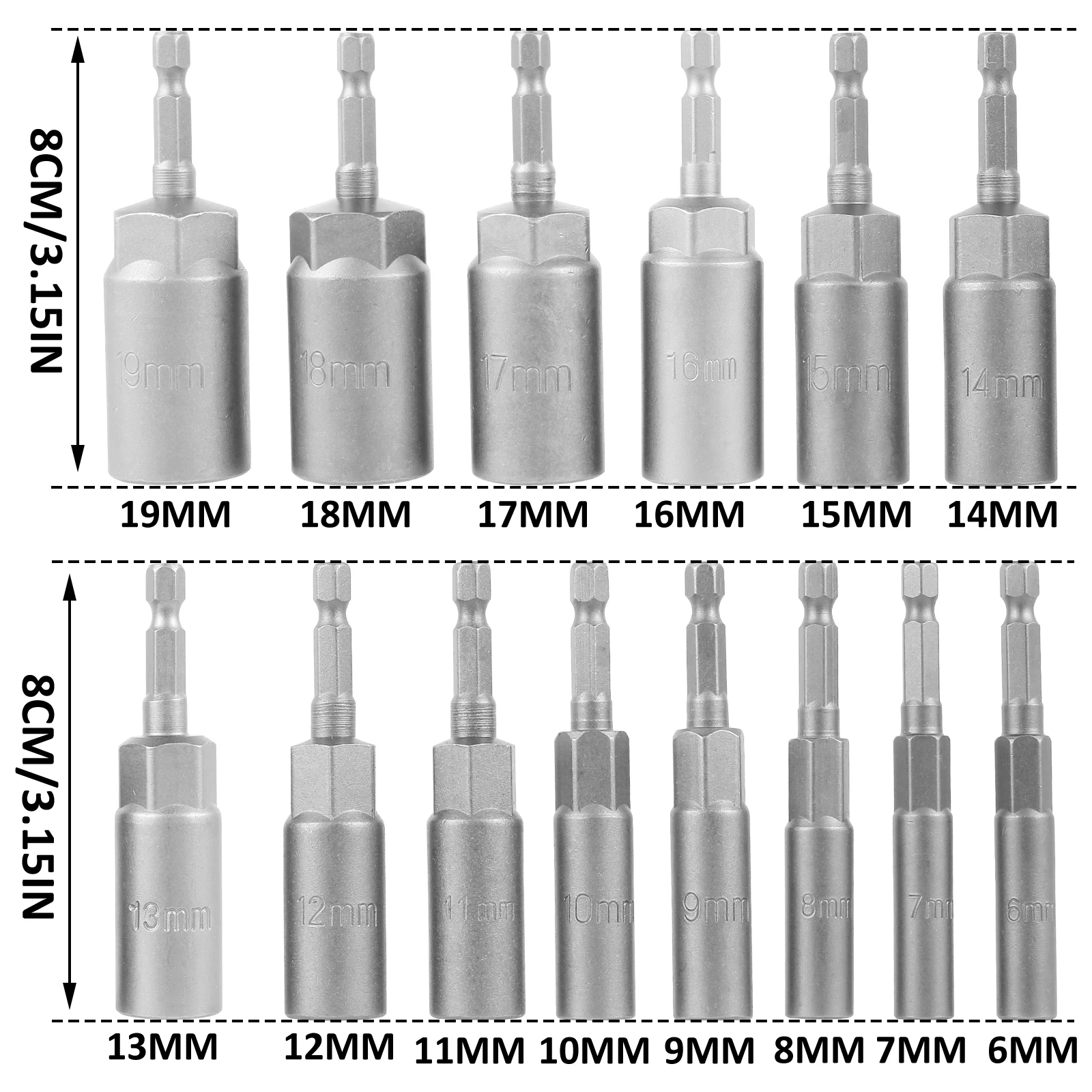 Description Picture 3 of item14Pcs  6-19mm Deep Socket Adapter Set Hex Shank Nut Driver Bits Set Nut Setter Drill Bit Set Magnetic Hexagonal Sockets Set