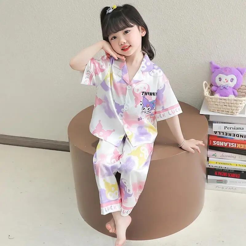 2피스 애니메이션 쿠로미 키즈 여름 아이스 실크 파자마 마이멜로디 여아 홈웨어 세트 반팔 바지 파자마 투피스 세트 선물