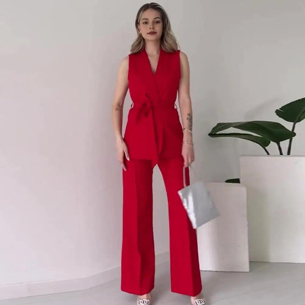 Formal Vest Pants Set Elegant Women's Formal Commute Outfit Set With V Neck Lace-up Cardigan High Waist Wide Leg For Lady's