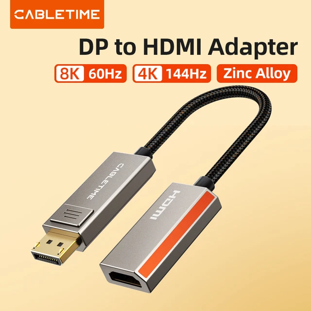 CABLETIME 8K 60Hz DP to HDMI Adapter DP 2.1 Zinc Alloy Displayport to HDMI Adapter 4K/144Hz DP  for PC Monitor Switch PS5 HDTV