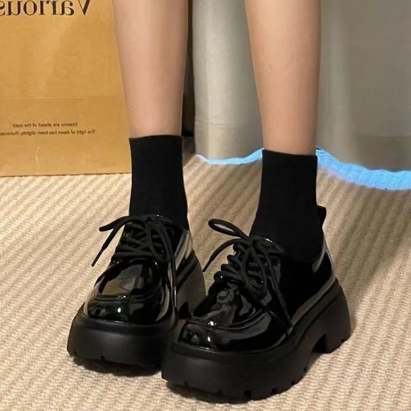 Platform small leather shoes for women ins fashionable British College style increase all matching day single shoes