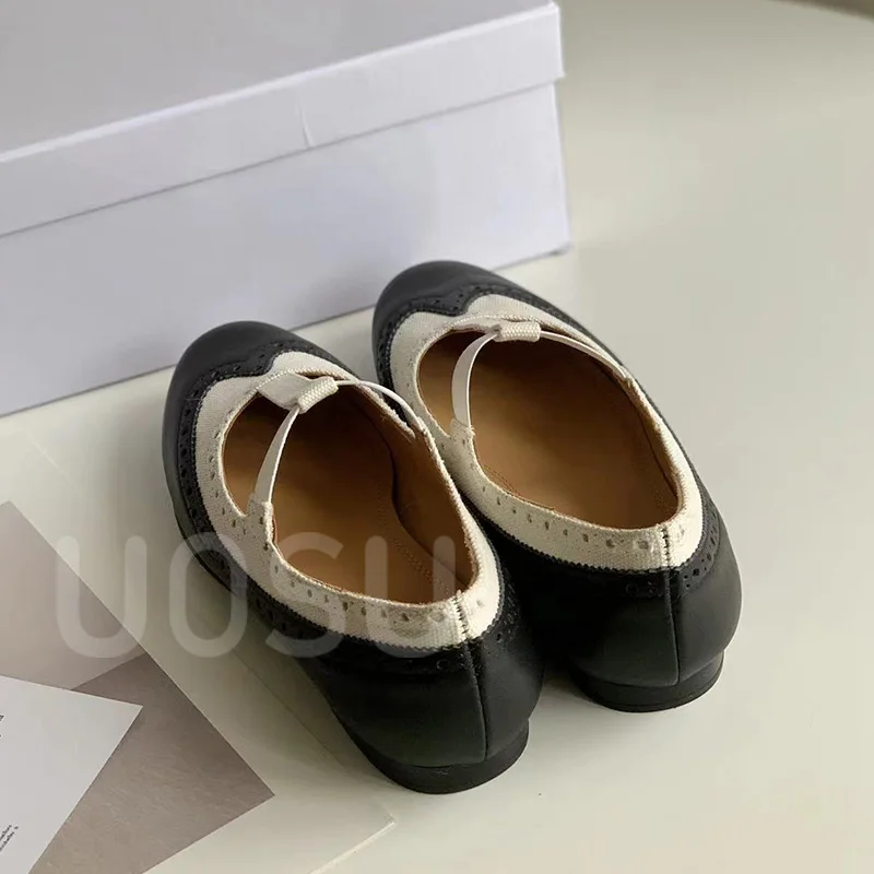 Luxury Women's Flats Designer Mary Jane Ladies Shoes Calfskin Colorblocking Round Toe Commuter Shoes Corporate White Collar