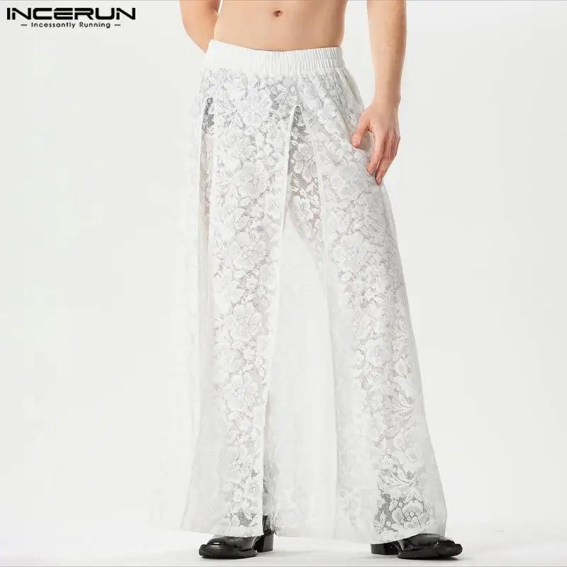 

INCERUN 2024 пикантные мужские брюки в американском стиле, дизайнерские брюки с разрезом и кружевом, для отдыха, блестящие тонкие брюки, Лидер продаж