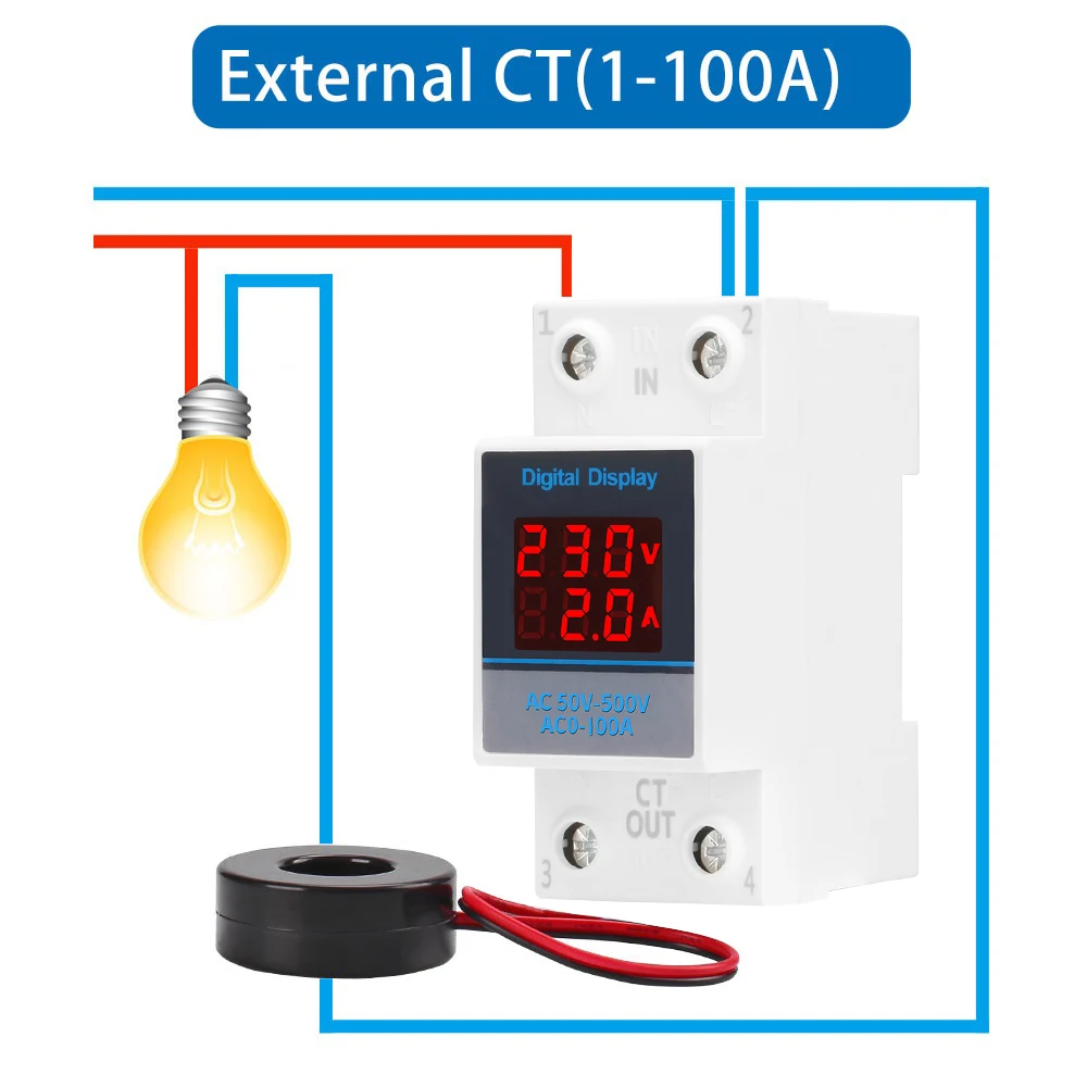 

1-100A DIN Rail Volt Amp Tester Detector AC50-500V 1-63A Led Digital Panel Voltage Current Meter 220V 380V Voltmeter Ammeter