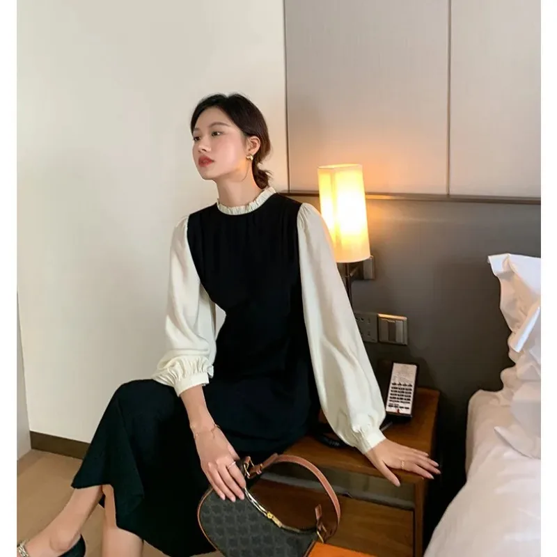 Maternity Stitching Fake Two-piece Clothes French Temperament Pregnancy Palace Sleeve Long-sleeved Dress 2024 Spring Autumn New 3