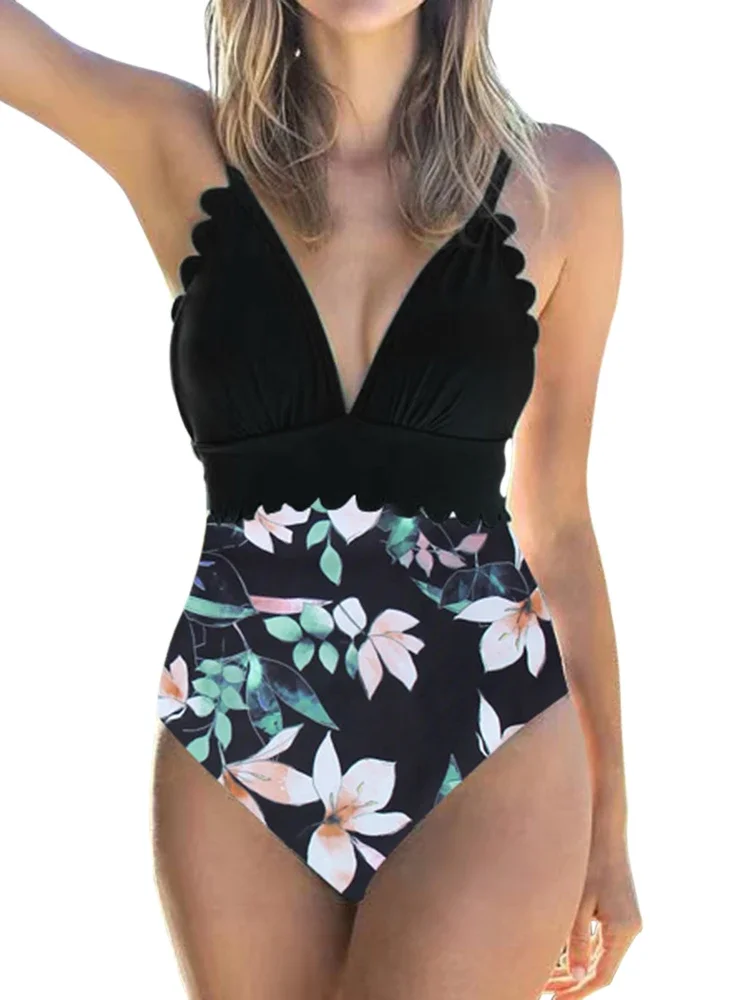 High Waist Swimwear Women One Piece Swimsuit Sexy V-Neck Push Up Halter Scallop Trim Bathing Suit Beachwear Brazilian Monokini - 2