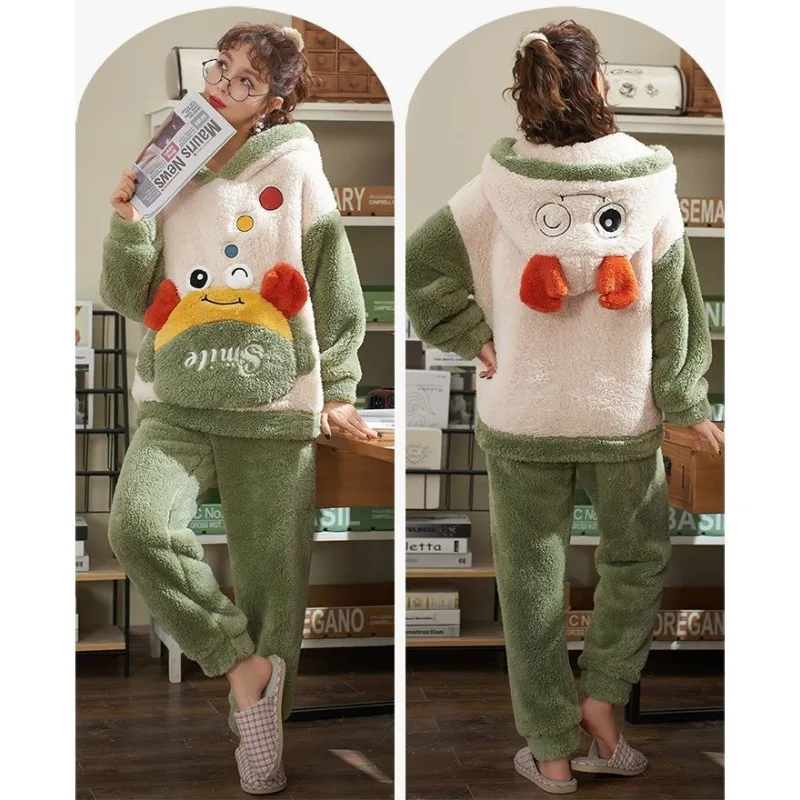 2023 Women's Flannel Pajamas Ladies Set Coral Fleece Student Loungewear Cute Long Sleeve Thick Spring Autumn Winter Homewear