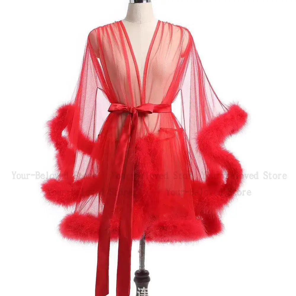 Sexy Feather Robe Seductive Mesh Bathrobe Fashion Long Sleeve Plush Spliced Thin Lingerie Female Underwear Nightgown Sheer Robe women sleepwear