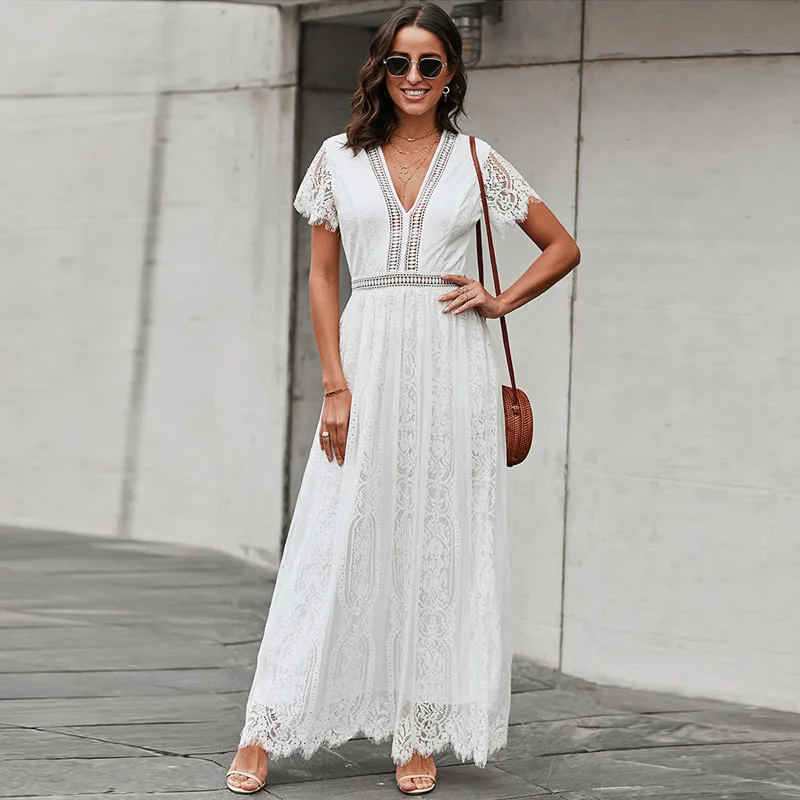

2022 Summer Boho Women Maxi Dress Loose Embroidery White Lace Long Tunic Beach Dress Vacation Dresses Robe Clothes Dropshipping