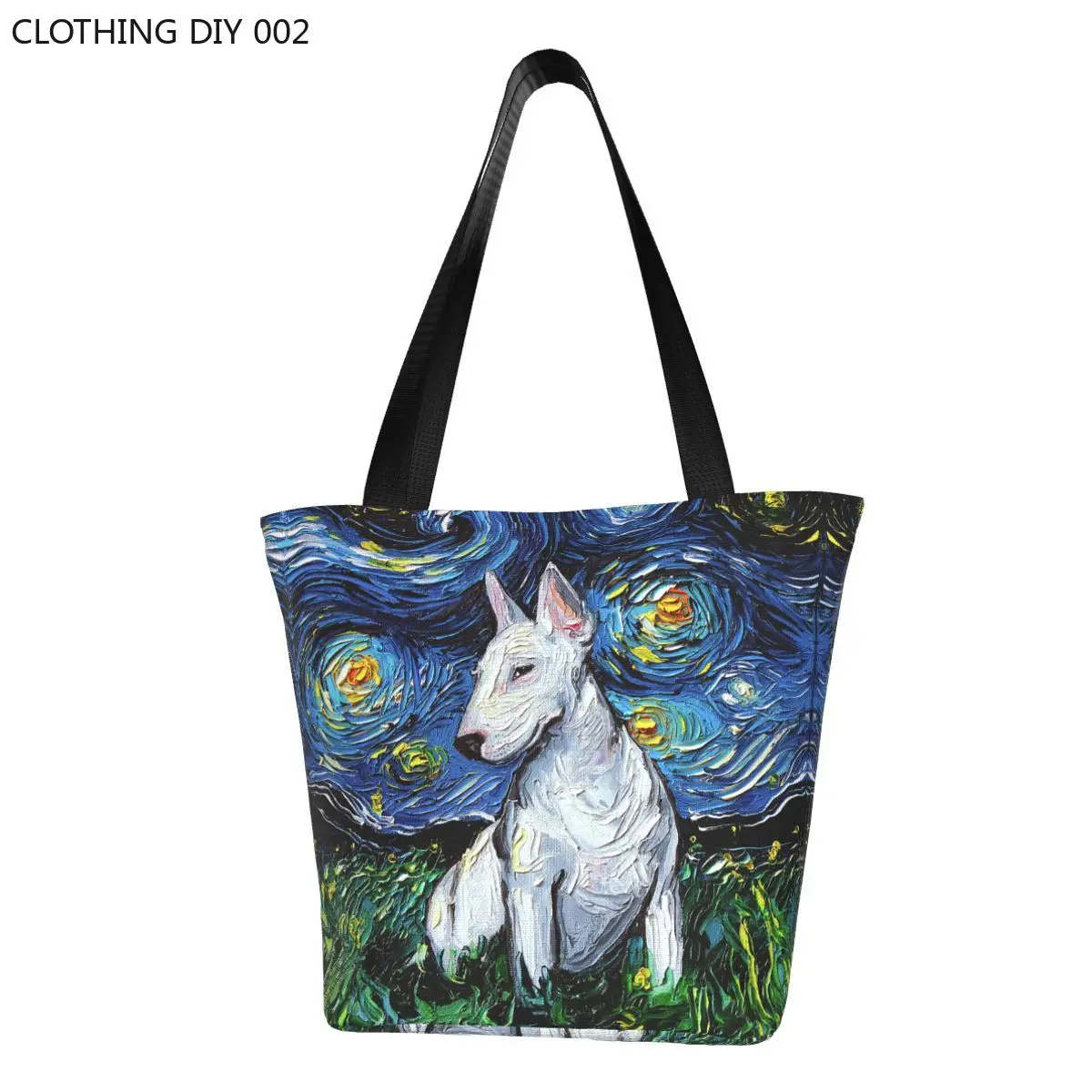 

Cute Starry Night Bull Terrier Dog Shopping Tote Bags Reusable Pet Lover Grocery Canvas Shopper Shoulder Bag