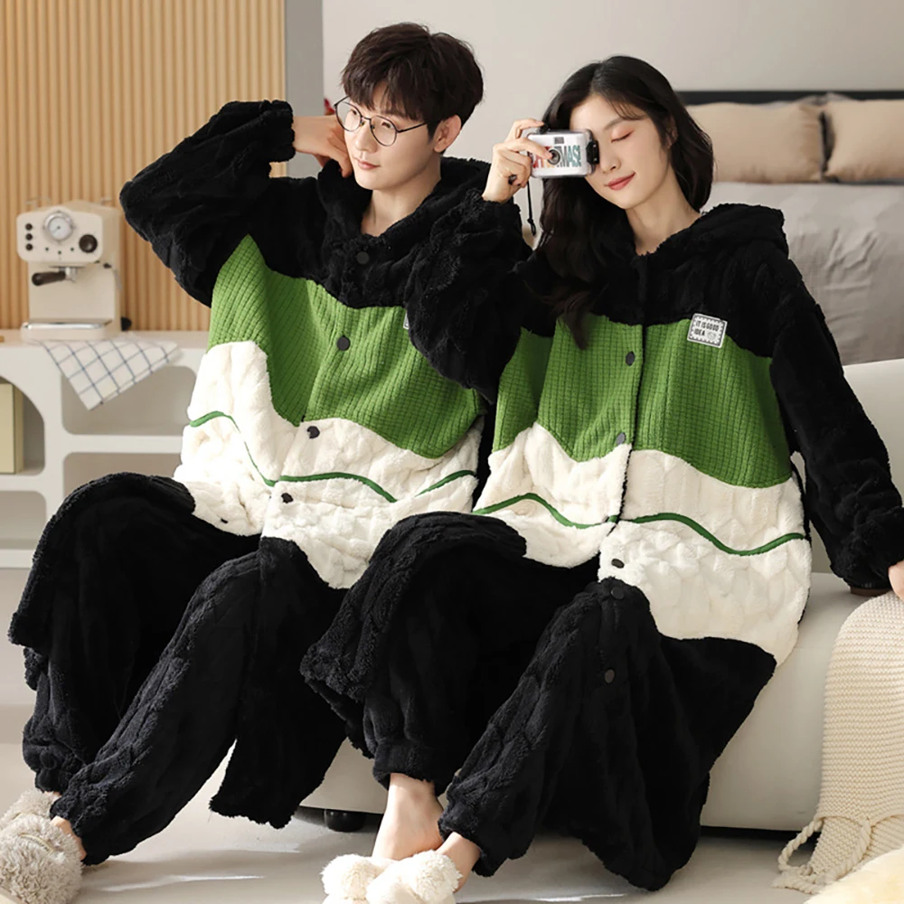 Fashion Hooded Men's Winter Flannel Pajamas Set Thicken Lengthen Warm Winter Couple Windproof Sleepwear Soft Pajama for Sleeping