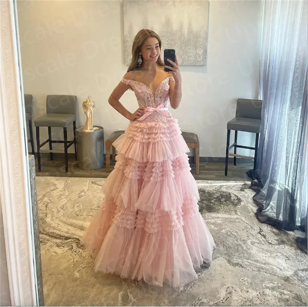 

Sweetheart Off Shoulder Pink Prom Dresses Sequins Appliques Party Evening Dresses Floor Length Bone Bodice Robes De Soirée