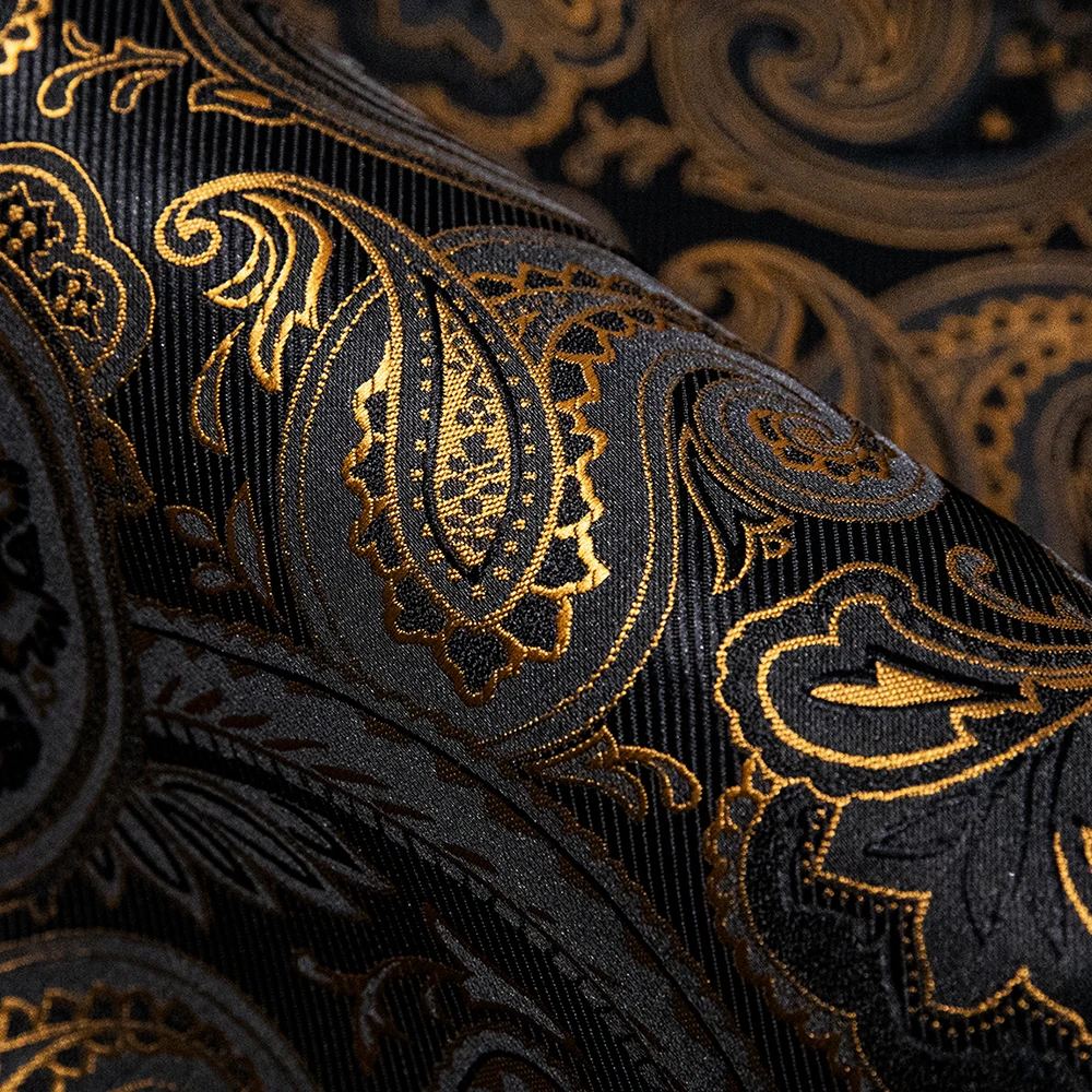Gold Paisley Silk Men Shirts Long Sleeve Casual Flower Shirts For Men Dress Barry.Wang Designer Leopard Collar Pin