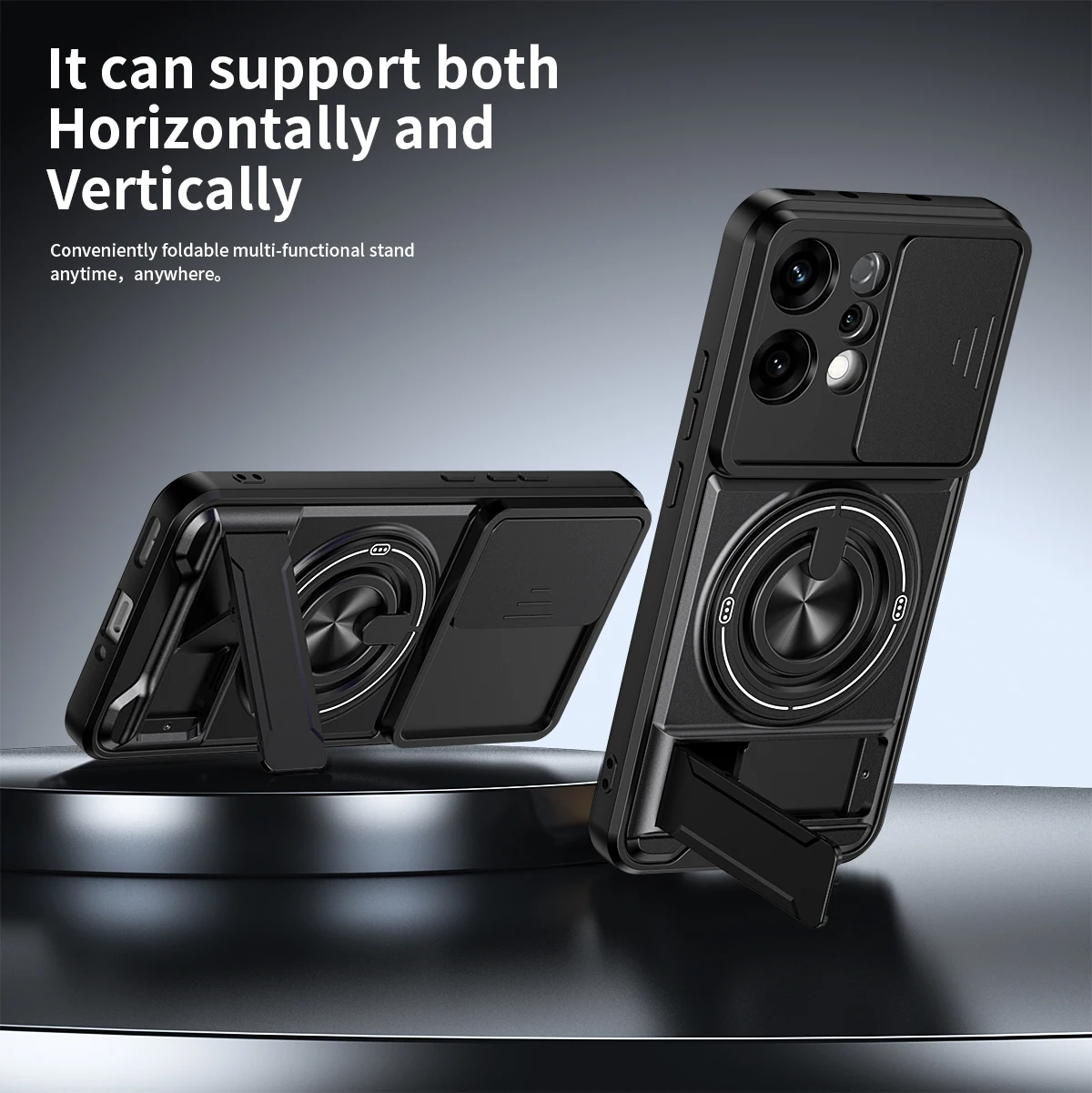 Enhanced Magnetic Ring Protective Phone Case with Camera Sliding Cover and Double Bracket
