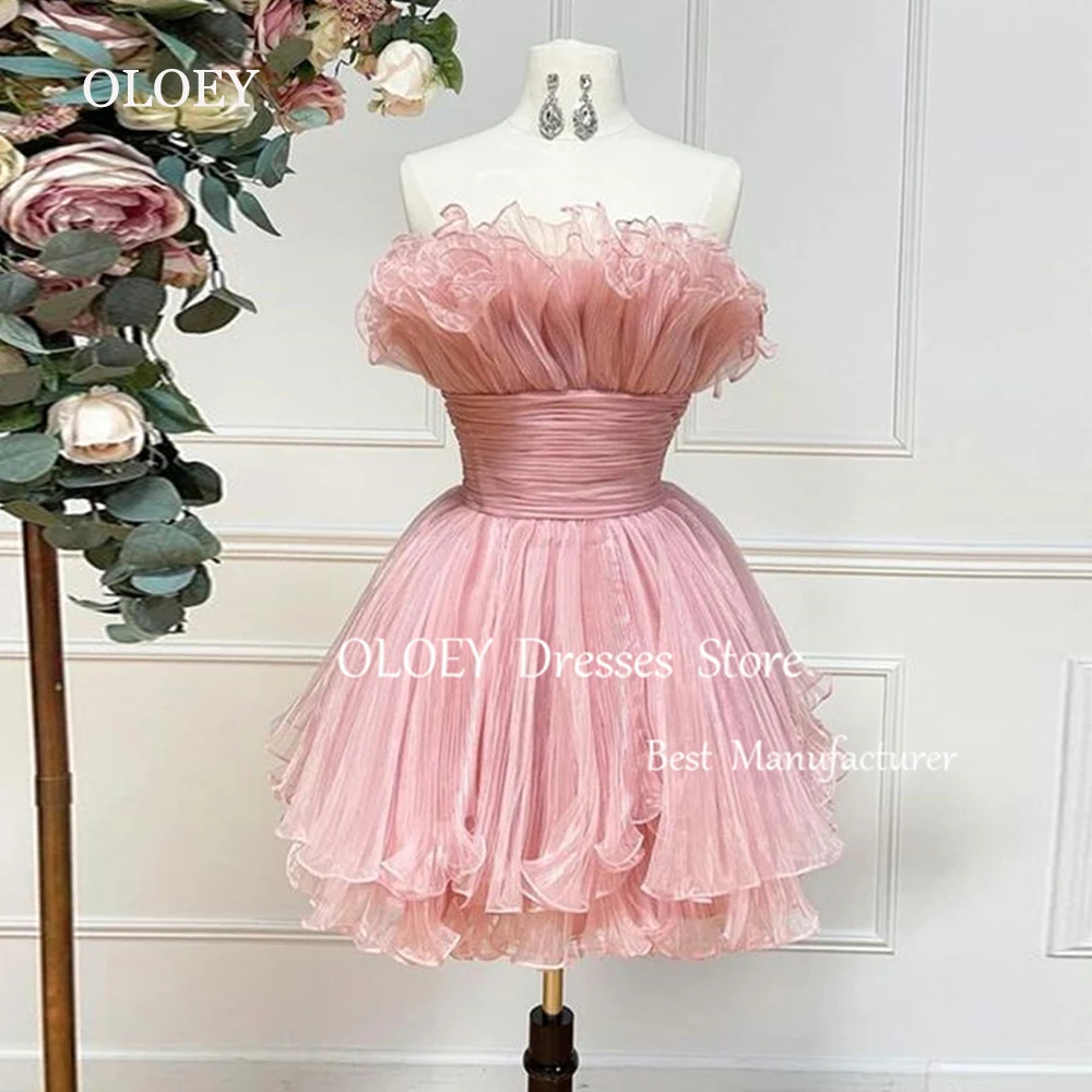 OLOEY Layered Pleats Pink Short Cocktail Dress Strapless Wedding Party Dress Sleeveless Prom Gown Zip Back