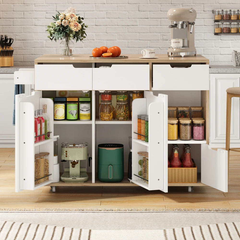 Kitchen Island with Cabinet Doors and Open Compartments Service Trolley with 360° Wheels and Drawers for Easy Mobility