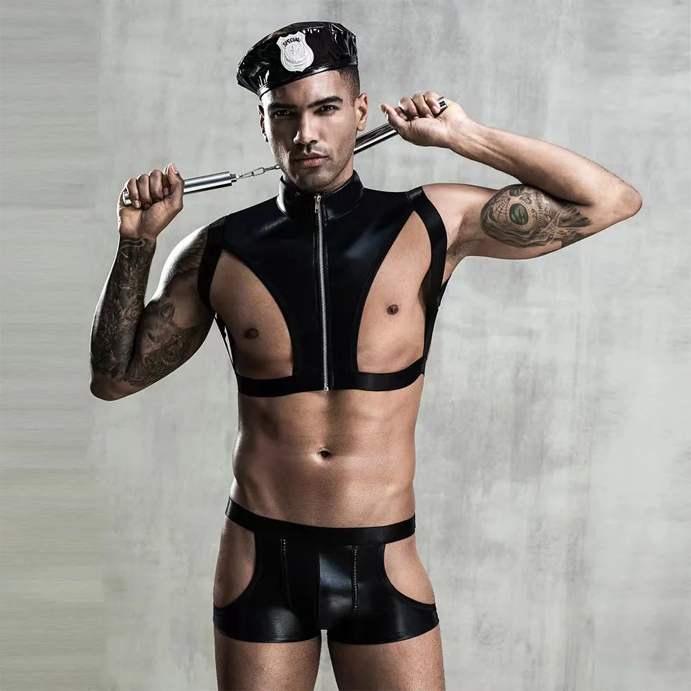 

Sexy Cosplay Lingerie Set Men Police Uniform Latex Underwear Black Erotic Lingerie Porno Costumes Sexy Role Play Outfits