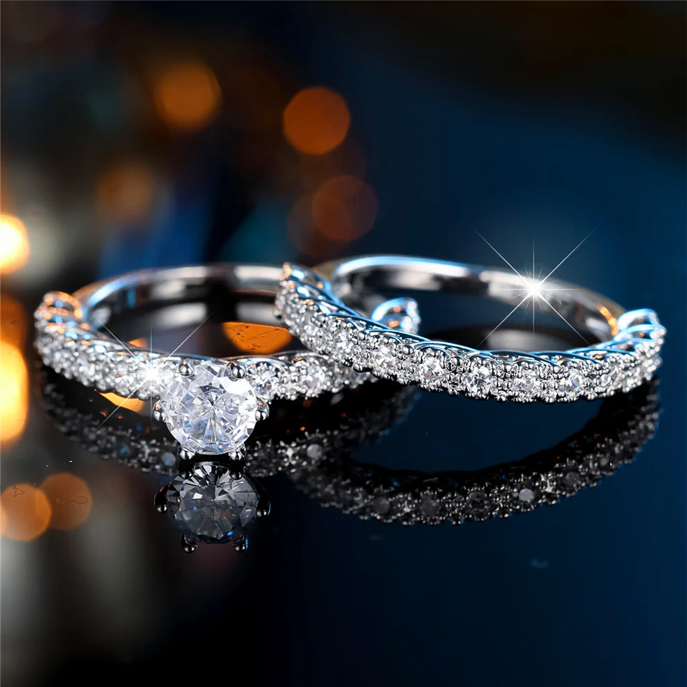 Crystal Female White Zircon Stone Ring Set Fashion Luxury Gold Silver Color Bridal Wedding Engagement Jewelry For Women