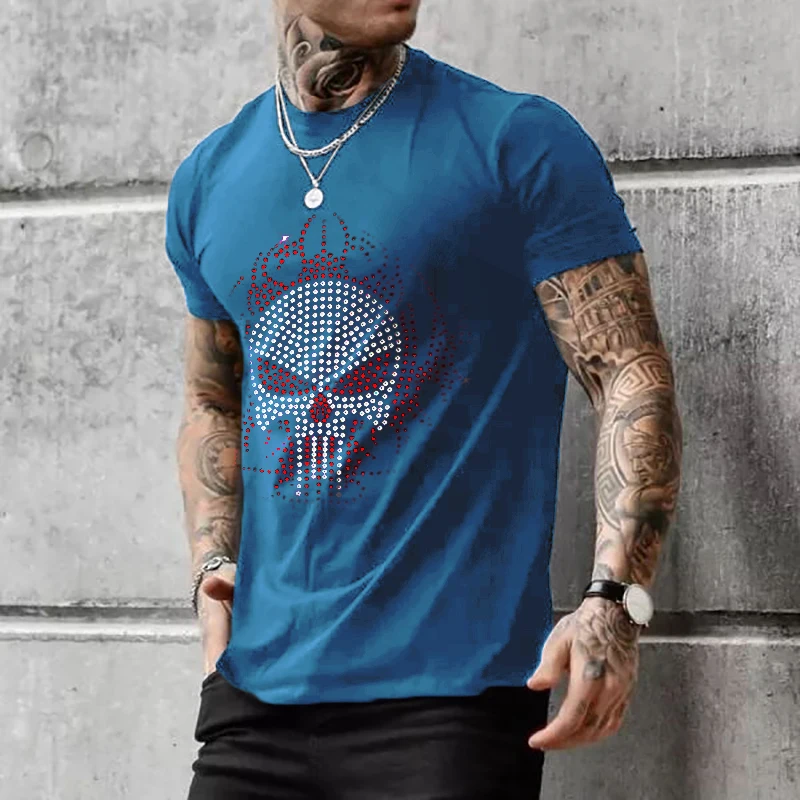 

High Quality Fashion Mens Clothing Oversized Tee y2k Flame Rhinestone Designer Short Sleeve Tops Trip Casual Street T-shirts New