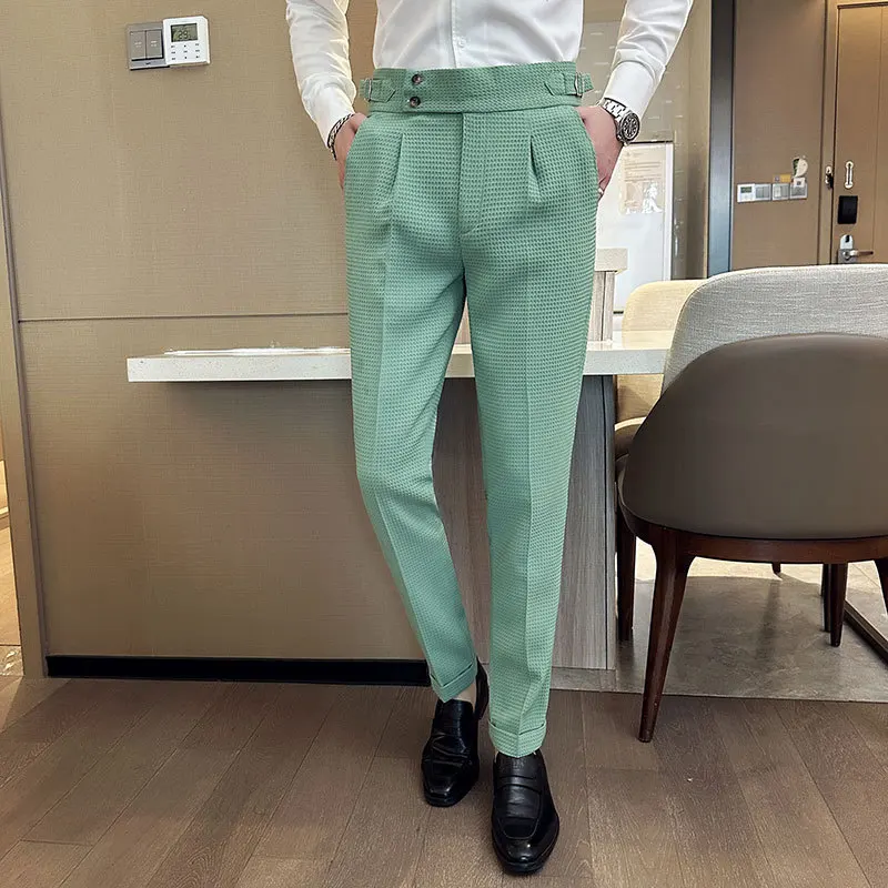 Korean Fashion Waffle Suit Pants for Men Slim Fit Casual Business Dress Pants Spring Summer Office Social Wedding Trousers