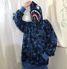 

Japanese Shark Camouflage Hoodies Women Men Sweatshirts Female Early Autumn Harajuku Hip-Hop Loose Couple Leisure Couples Hoodie