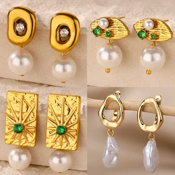 Imitation Pearl Dangle Earrings for Women Stainless Steel Gold Color Stud Earrings 2025 Trend Piercing Wedding Jewelry Gift