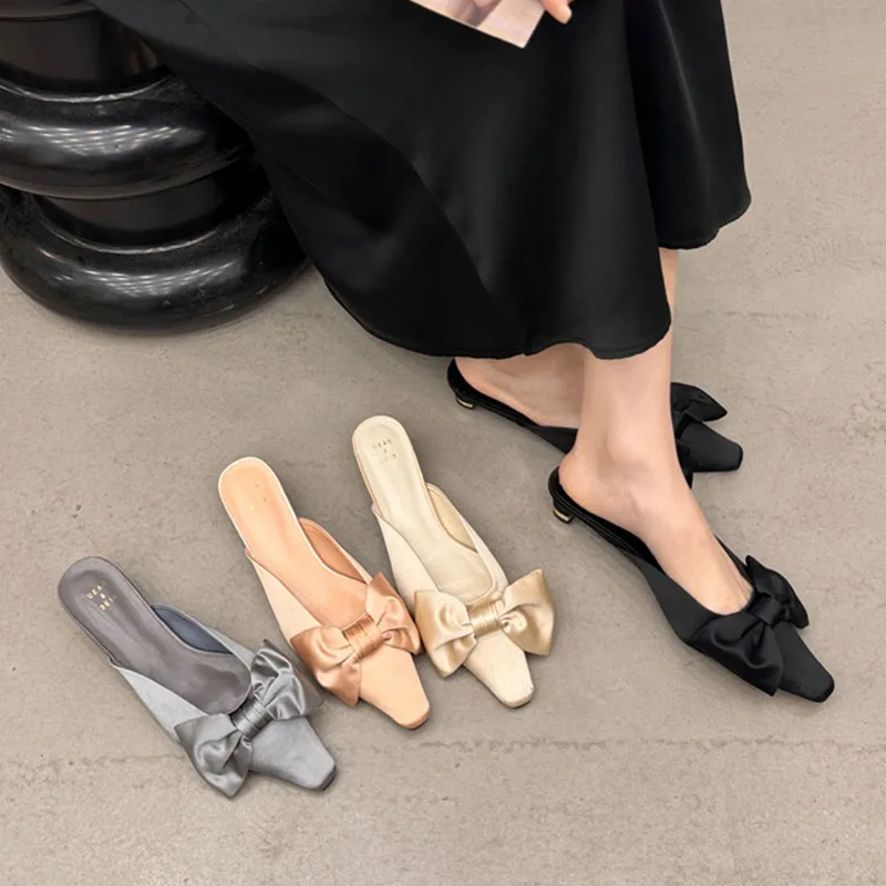 

2024 Spring New Women Pink Slipper Fashion Big Bow-knot Ladies Sandal Shoes Square Low Heel Elegant Dress Slip On Mules Sho