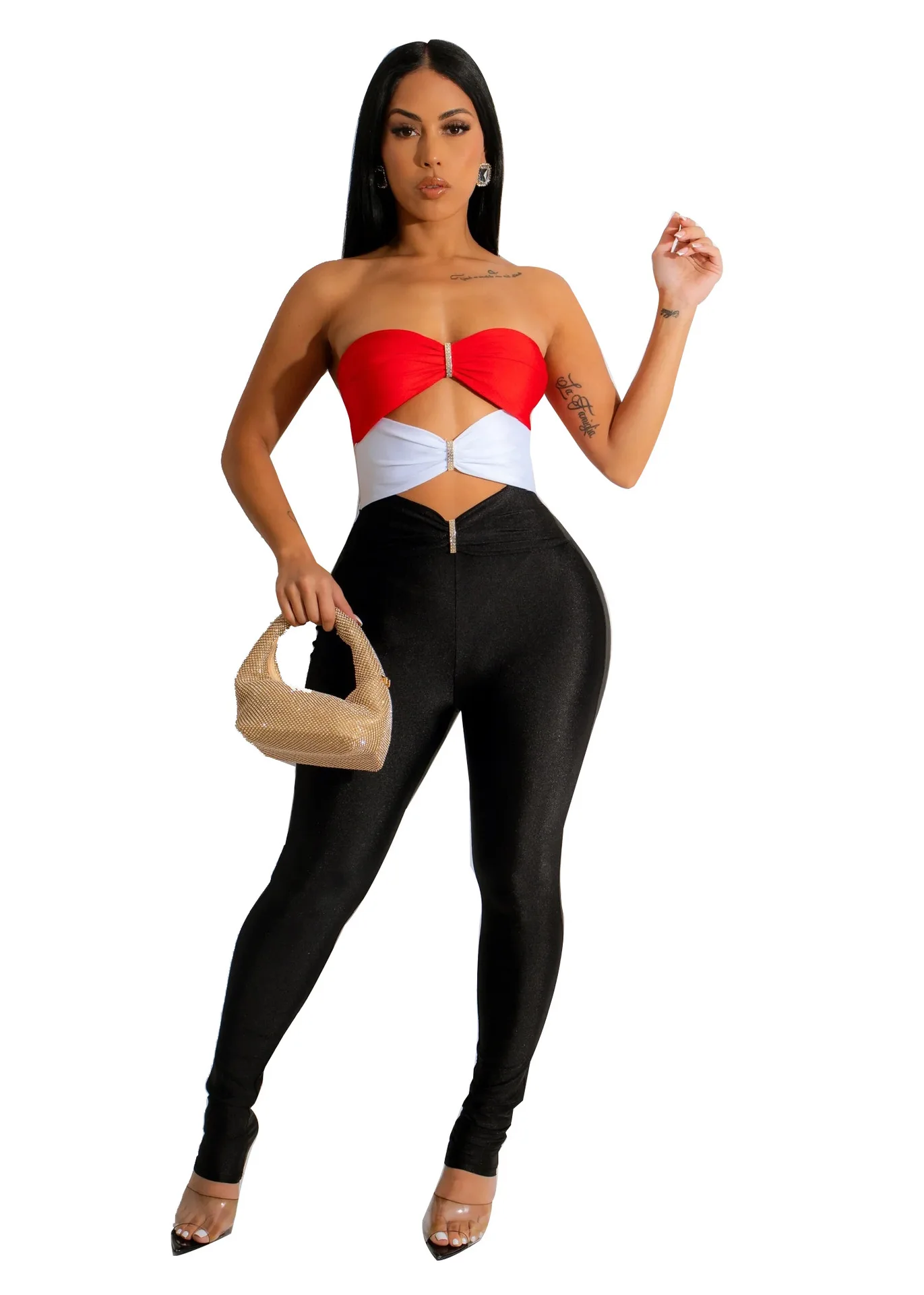 Sexy Color Patchwork Hollow Out Women Jumpsuit Summer Strapless Bodycon Pencil Pants One Piece Night Party Club Romper Overall