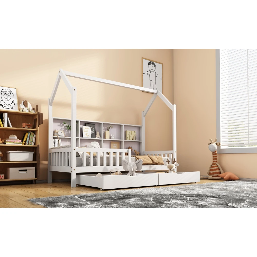 90x200cm modernes Kinder-Etagenbett, mit Mehrzweck-Bücherregal, Kinderbett mit Ablagefach und zwei großen Schubladen – Detail 20