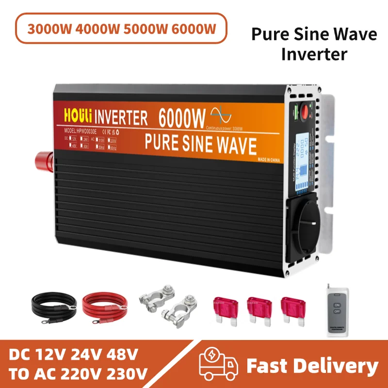 HOULI Off-Grid อินเวอร์เตอร์พลังงานแสงอาทิตย์ 6000 W/5000 W/4000 W/3000 W Pure Sine Wave 12 V/24 V ถึง 220 V Converter พร้อมรีโมทและ USB 1