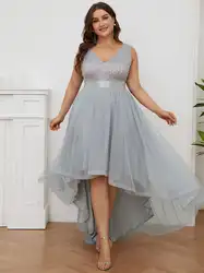 Plus Size Elegant Women's Dresses Long V-Neck Short Front Long Back Sleeveless Gown 2024 BAZIIINGAAA of Silver Prom Women Dress