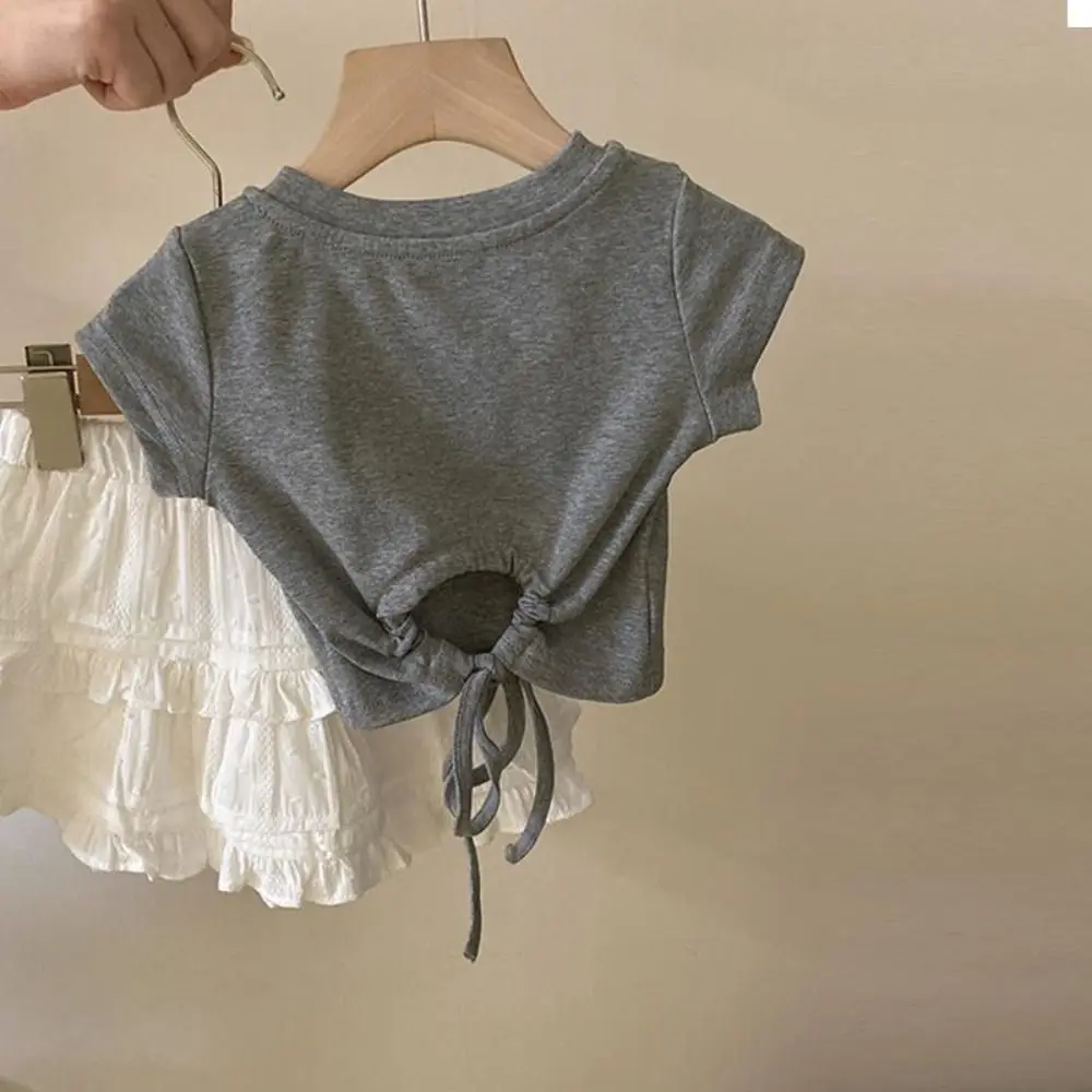 Fashion Lace Up Teens Bow T-shirts Korean Style Summer Slim Crop Top Short Sleeve Sweet Girl's Top Children