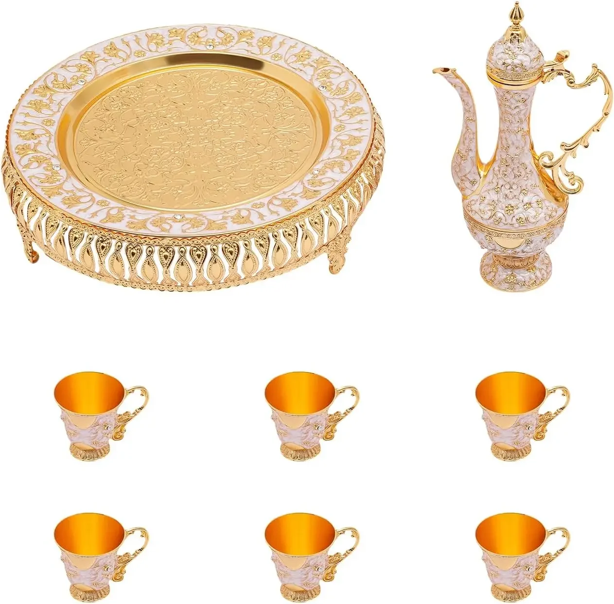 Kaffeekannen-Set, Vintage-Teeservice-Set, russisches Samowar-Weinglas aus Metall mit 6 luxuriösen Kaffeetassen und handgefertigtem Teetablett-Set – Detail 5