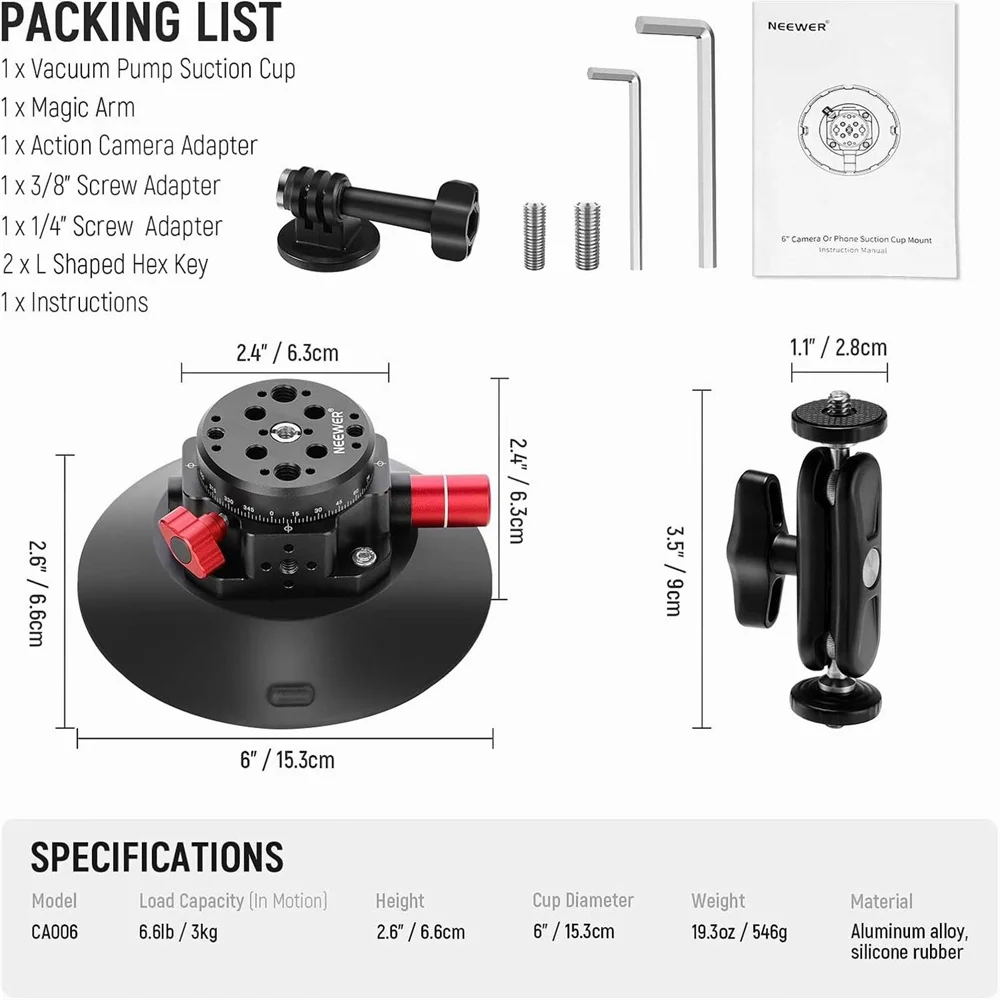 תושבת רכב NEEWER עם זרוע קסם גמישה מתכתית לטלפון מצלמת DSLR GoPro 12 Insta360 DJI Osmo Action