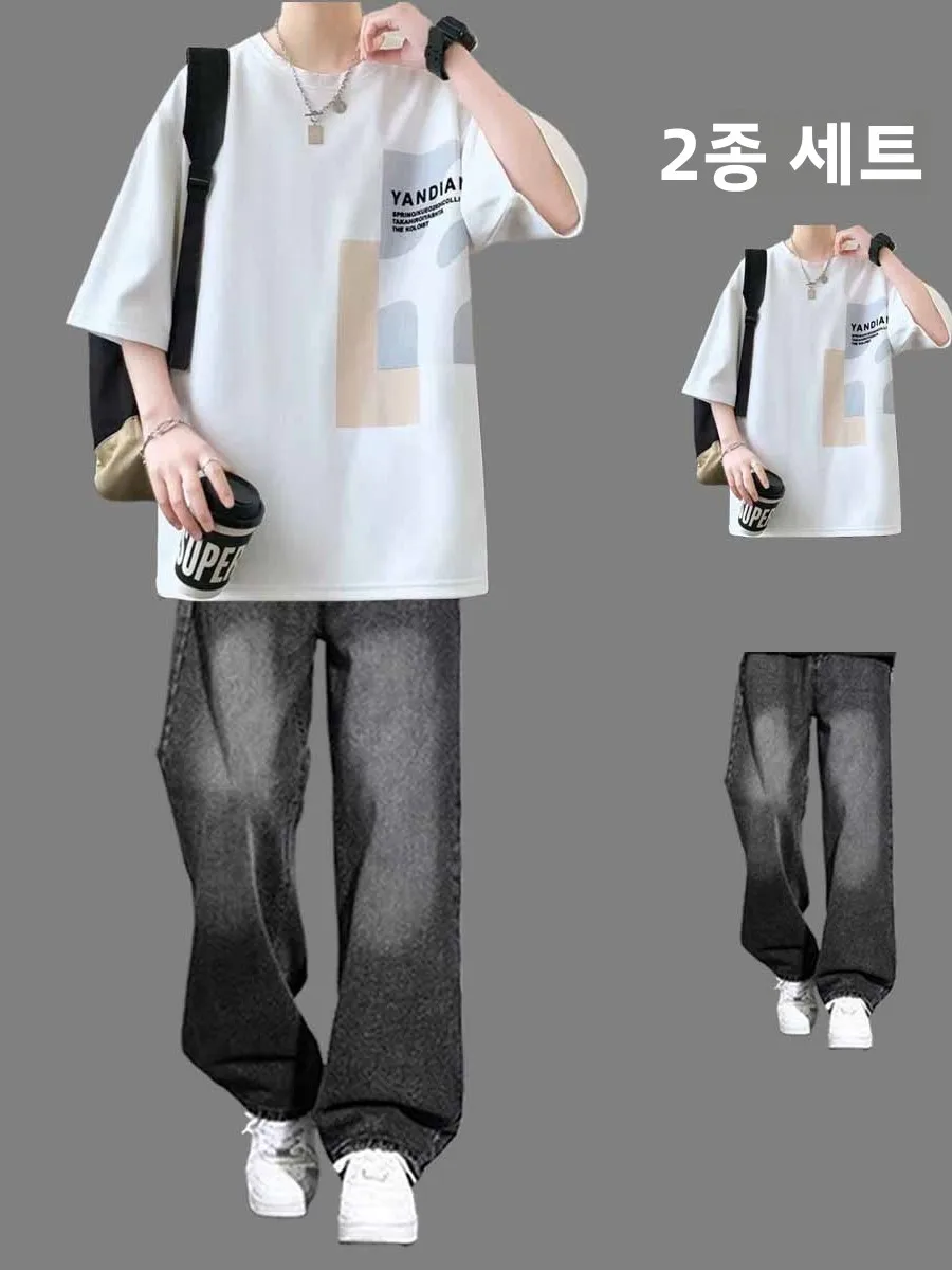 청소년 아메리칸 반팔 티셔츠 세트 남성 여름 트렌드 루즈핏 시원한 면 데님 청바지 투피스 세트 캐주얼 스포츠웨어