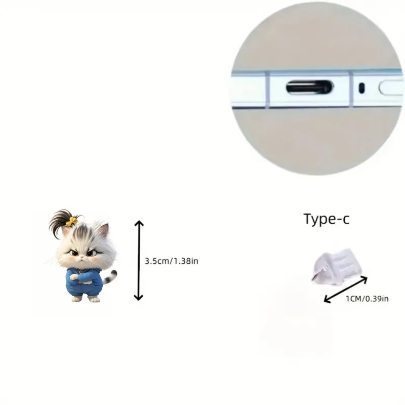 2D 평면 폭발적인 화난 고양이 아크릴 폰 먼지 방지 스토퍼 (아이폰 및 C타입 충전 포트 보호 장식 액세서리)