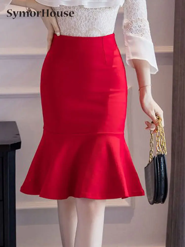 

New Arrival Spring Summer Black Elegant Wrap -Hips Mermaid Skirts Women Fashion High Waist Office Lady Midi Skirt Female
