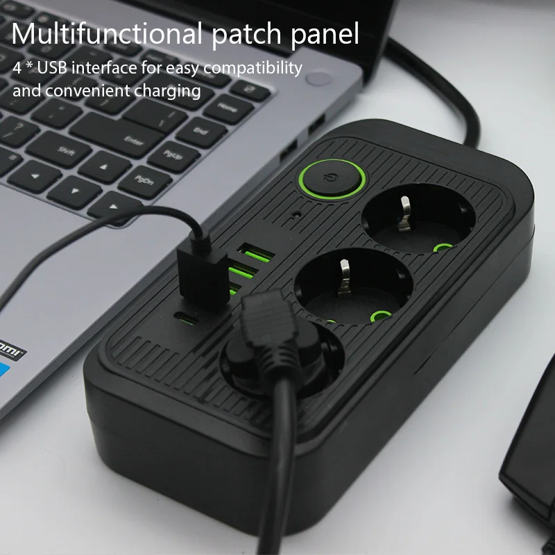 Power strip extension cable 2M 3AC outlets 4USB 1Type C EU plug