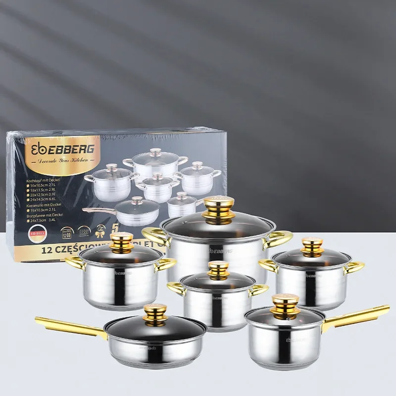 

Stainless steel pan set 6-piece non-stick pan gold handle with cover five-layer base